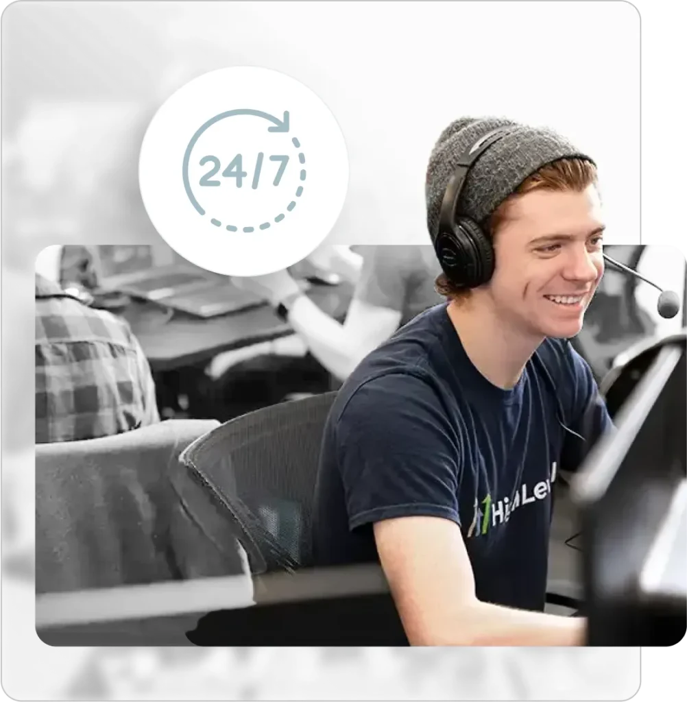 Support specialist wearing a headset helping a customer