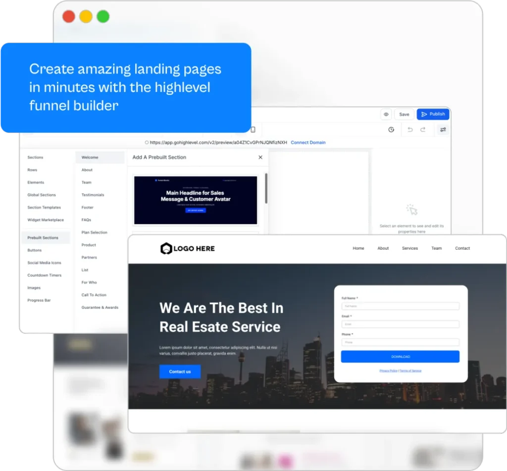 Drag and drop page and funnel builder inside the CRM