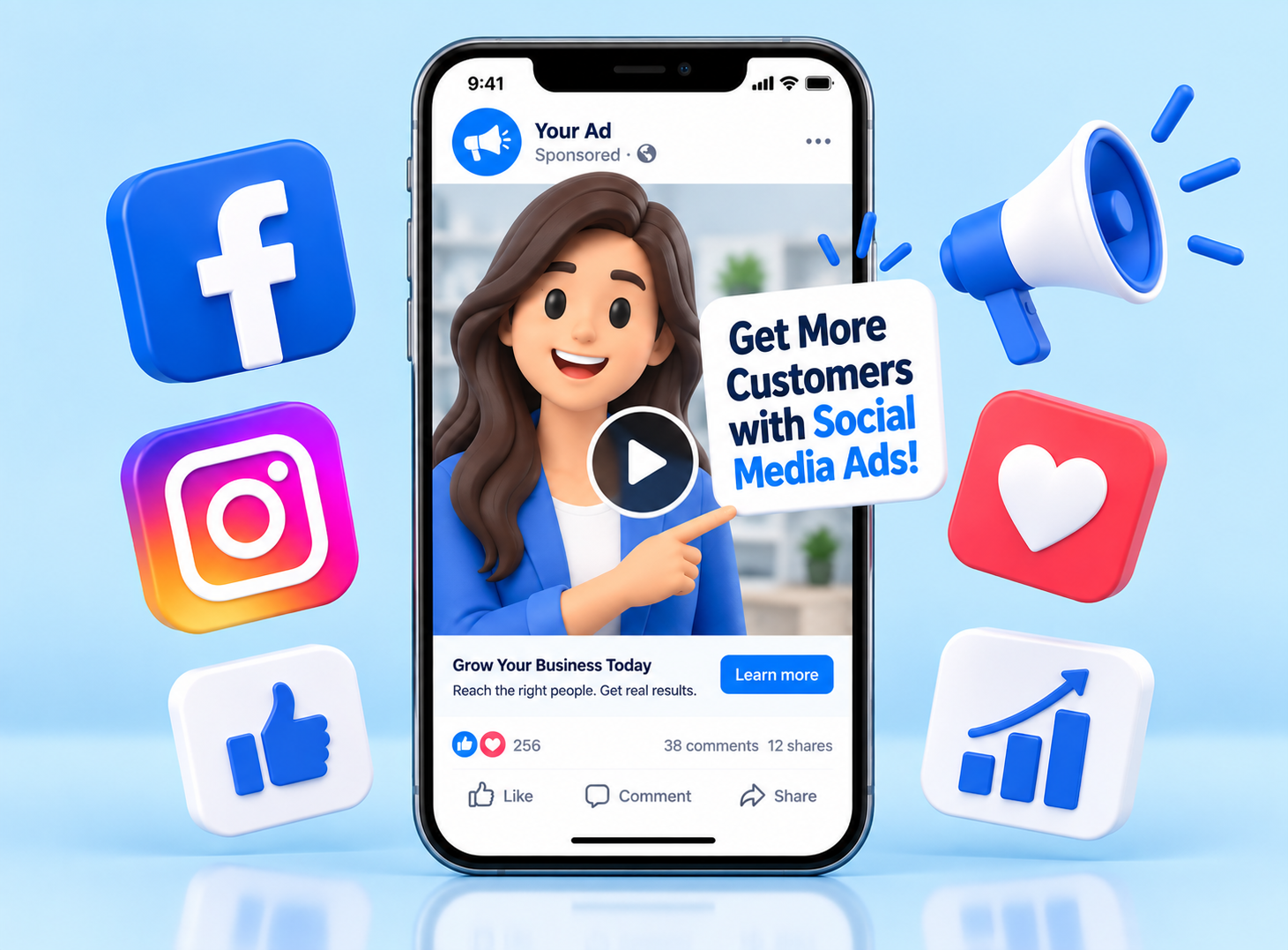 Phone showing a Facebook and Instagram ad for a local business