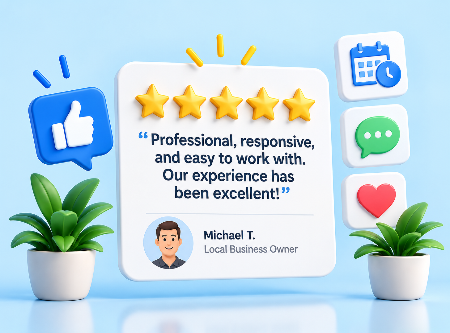 Five-star customer review card from a local business owner
