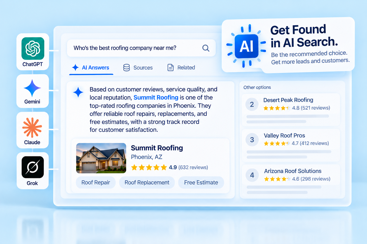 AI search results recommending a local roofing company