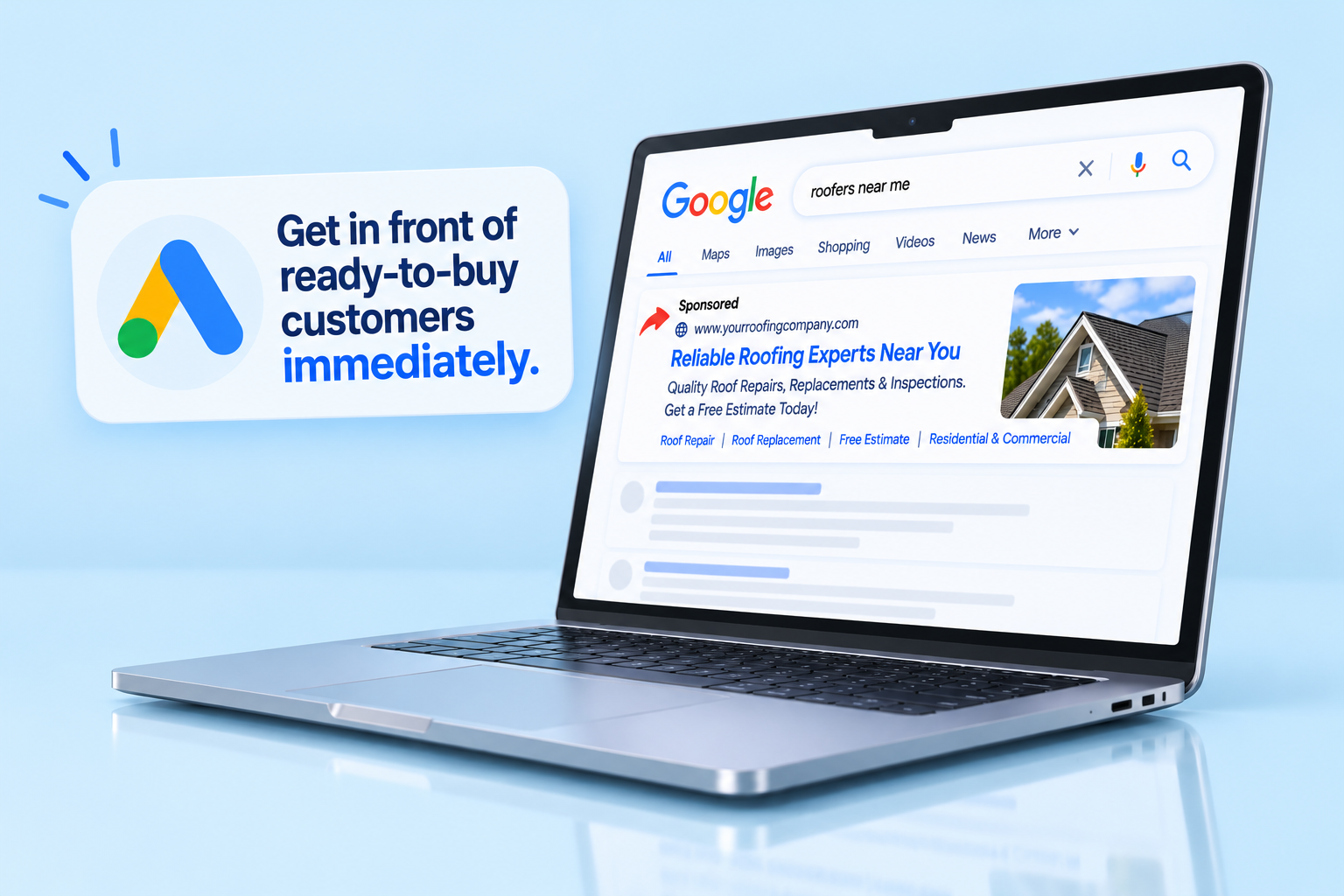 Laptop showing a Google search results page with a local business ad