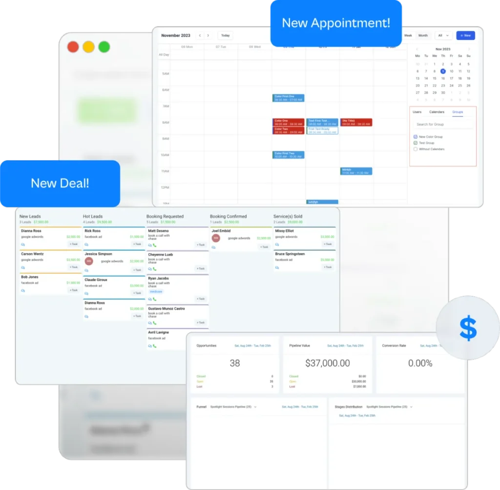 Sales pipeline board with leads, bookings, and pipeline value