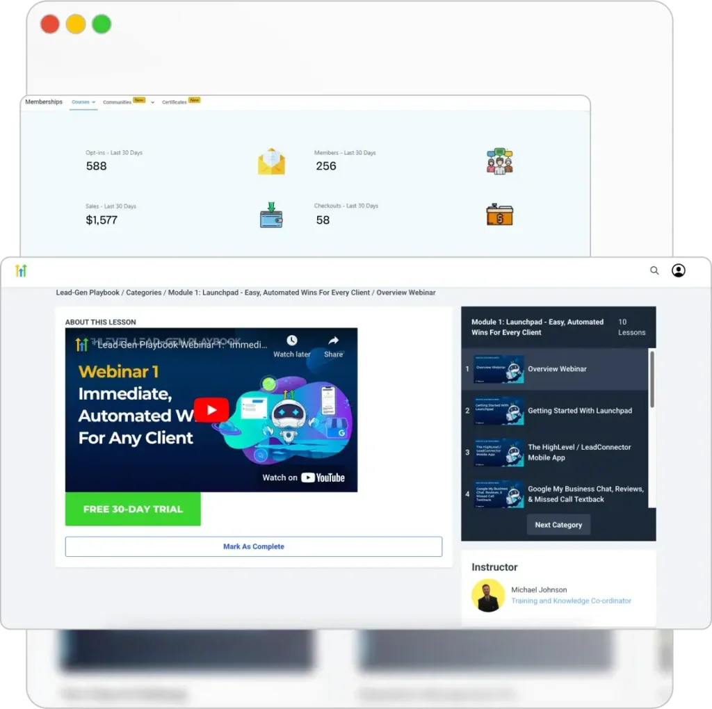 Course and membership dashboard with lessons and member stats