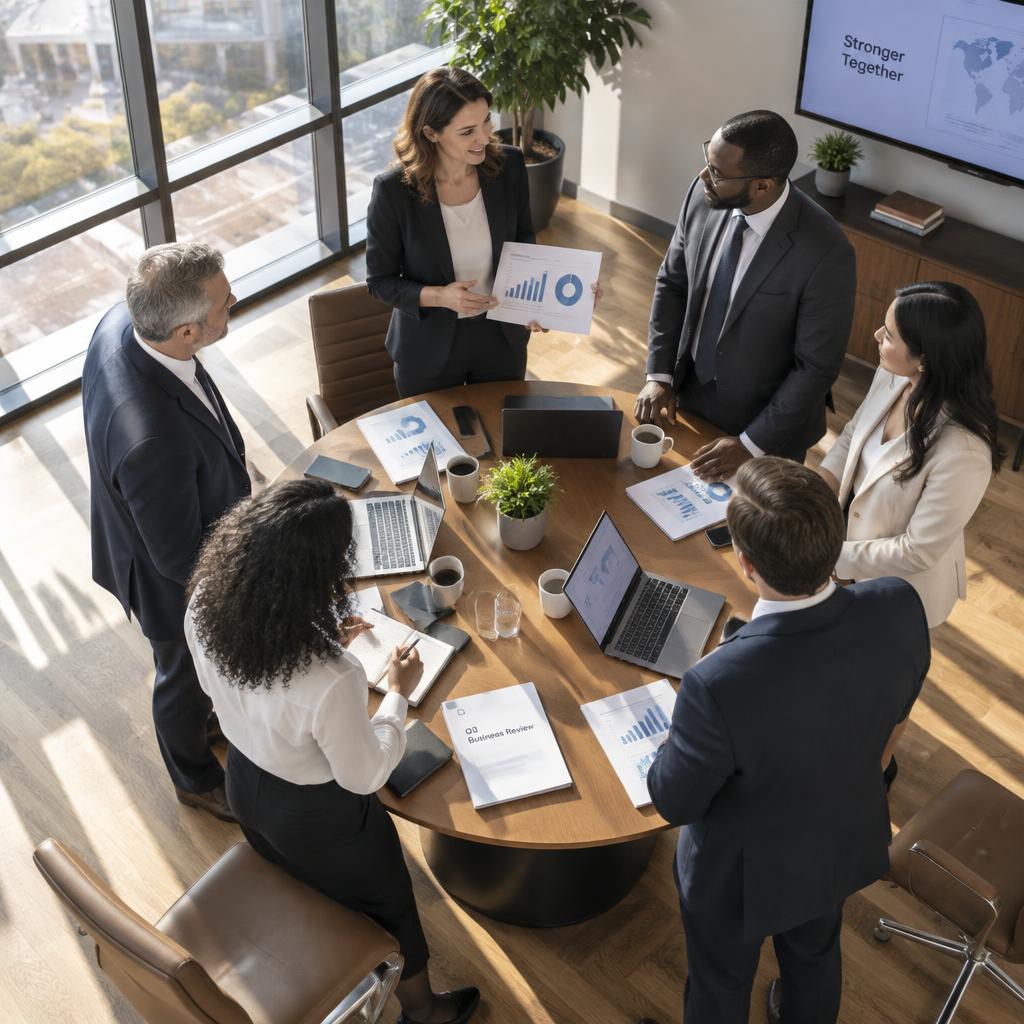 Corporate team meeting around a boardroom table reviewing marketing reports