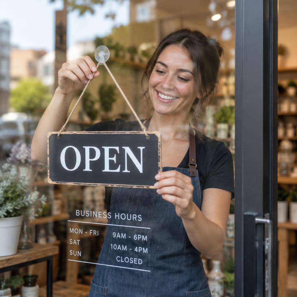 Smiling local business owner hanging an open sign on her shop door