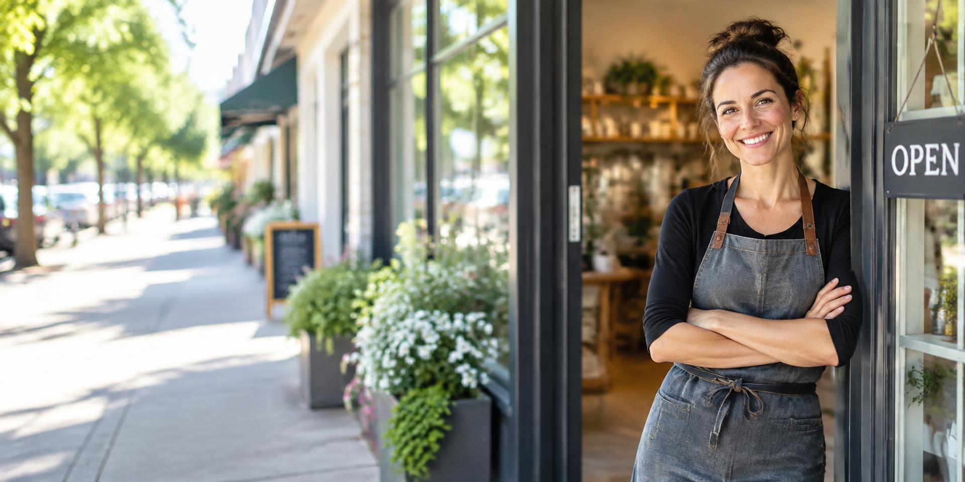 Local shop owner smiling in the doorway of her storefront