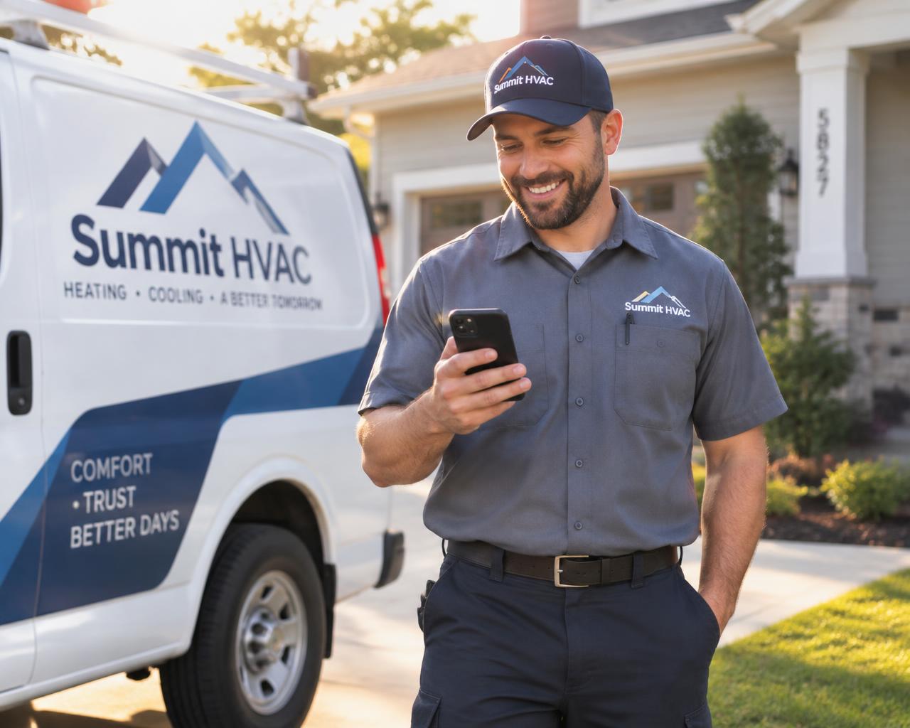 Service technician smiling at a text message from a customer beside his work van