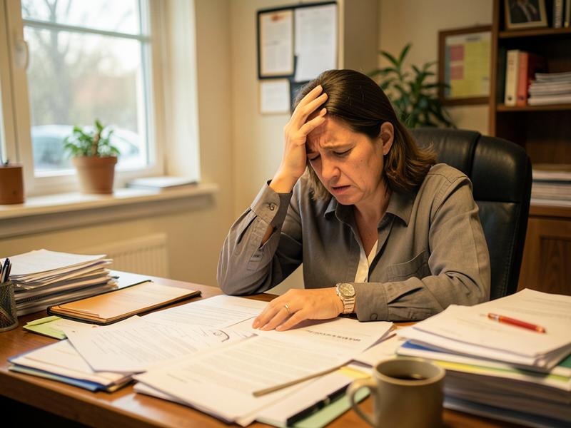 Owner buried in paperwork at her desk