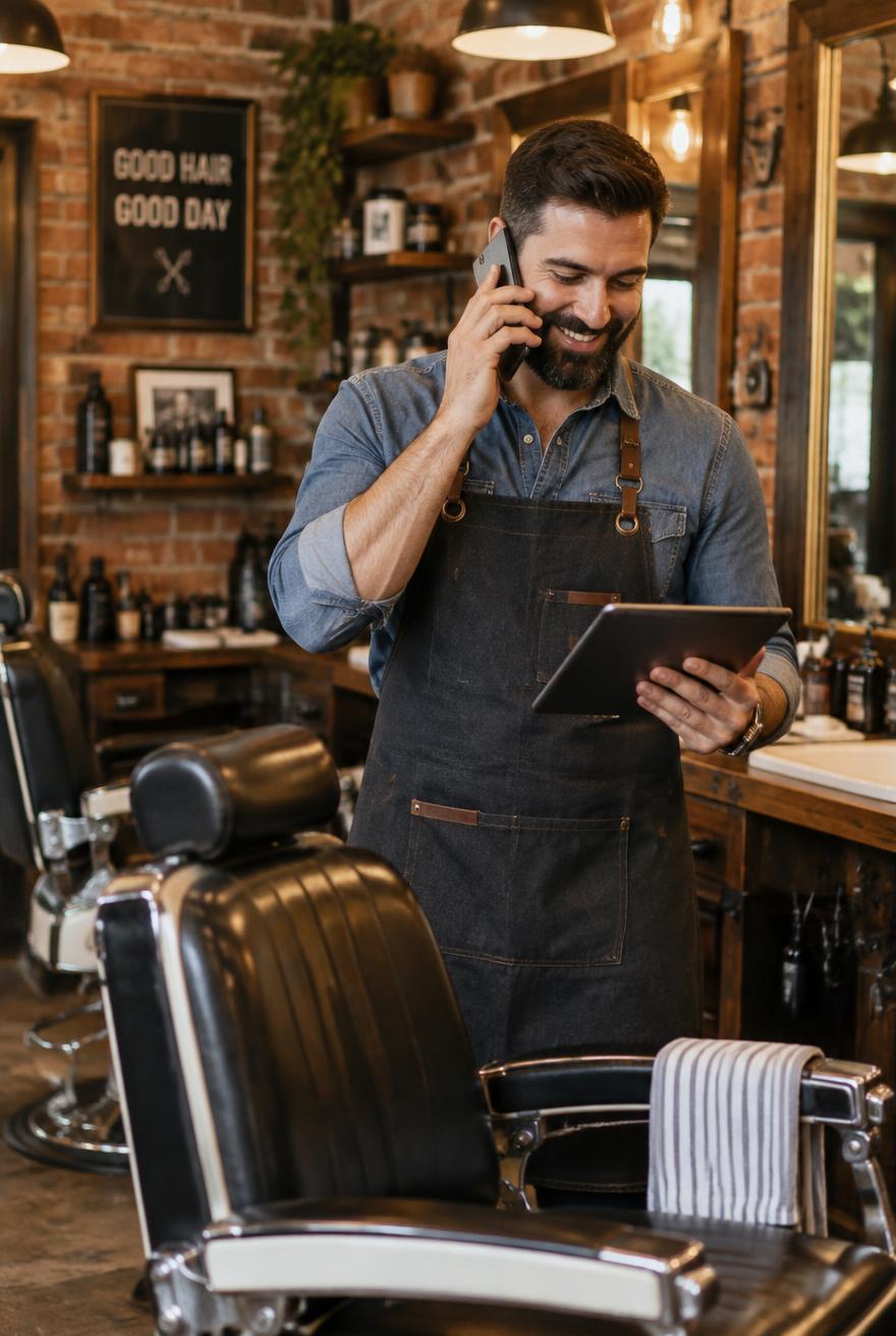 Small business owner taking a customer call in his barbershop