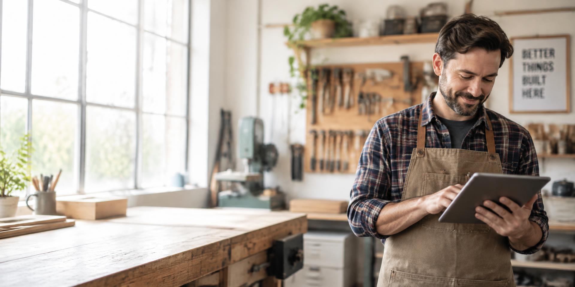 Small business owner reviewing his website on a tablet in his workshop