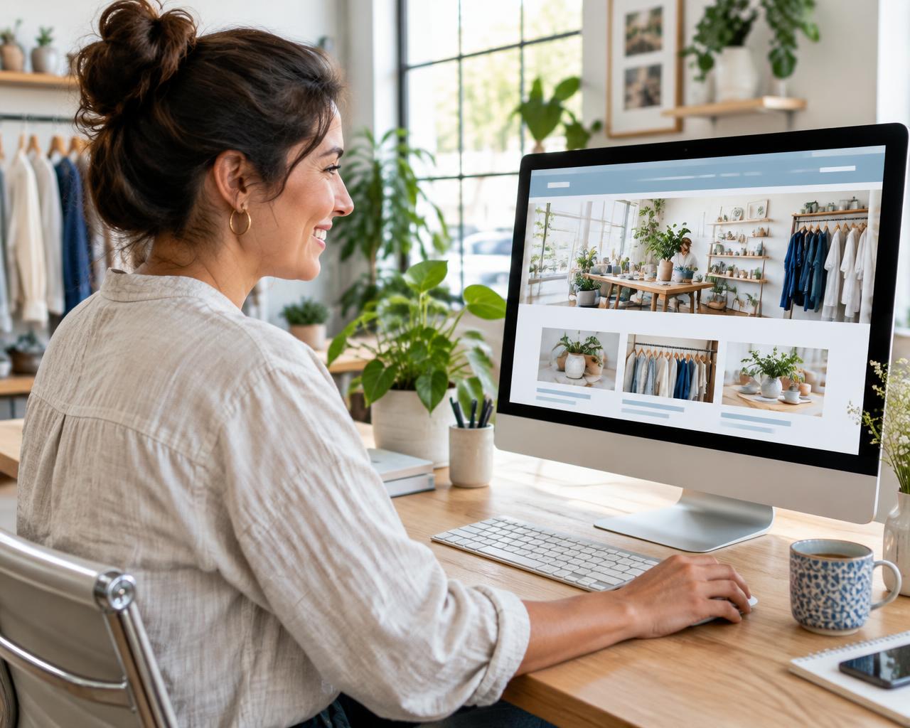 Happy business owner reviewing her new website on a desktop computer